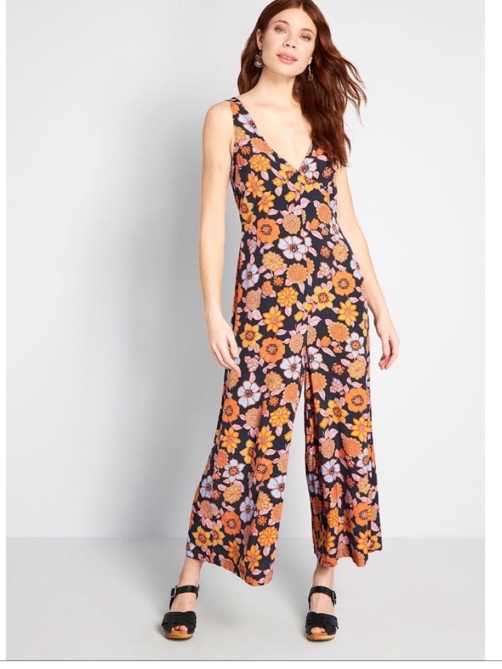 MODCLOTH Retro Floral Print Cropped Wide Leg Sleeveless Oversized Jumpsuit Large